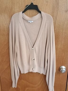 Crescent Beige V-Neck Button Ribbed Cardigan